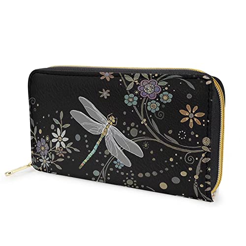 FJQWKLF Portemonnaie mit Libellenblumendruck für Damen, tragbare, Lange, schlanke Handtasche mit Reißverschluss, weiche Handy-/Kartenhalter-Clutch mit Reißverschluss, Schwarz von FJQWKLF