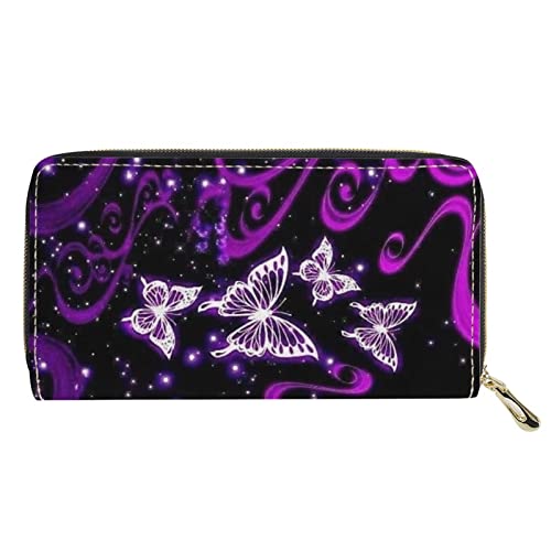 FJQWKLF Reißverschluss-Reisehandtasche für Frauen, weibliches Bling Butterly Print Leder Kreditkartenetui, Lila Design von FJQWKLF