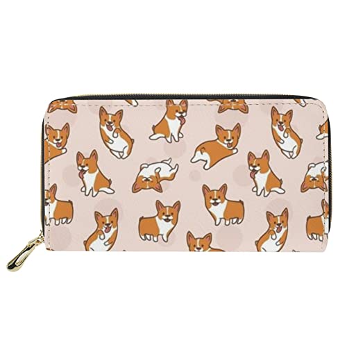 FJQWKLF Rosa Corgi-Hundedruck-Leder-Geldbörse Damen-Geldbörse mit Autofächern Geldscheinklammern Lange Geldbörse für Mädchen von FJQWKLF