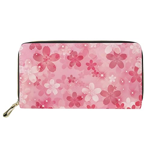 FJQWKLF Schlanke Geldbörsen für Damen Pink Pfirsichblüten Blumen Design Leder Geldbörse Kreditkartenetui Aufbewahrung mit Reißverschluss von FJQWKLF