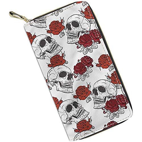 FJQWKLF Skull Red Rose Flower Maxican Day of The Dead Sugar Skull Dead Skull Skeleton Floral Wallets Mädchen Travel Wallet Long Coin Purse Clutch Handy Case for Women Gift von FJQWKLF
