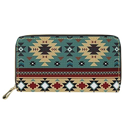 FJQWKLF Southweast Aztec Tribe Native Print Frauen Leder Geldbörse schmale Geldbörse mit Reißverschluss herum, RFID blockierende Kartenetui Telefon Geld Cluth Organizer Tasche von FJQWKLF