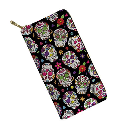 FJQWKLF Sugar Skull Candy Skull Dead Head Skull Flower Maxican Day of The Dead Skeleton Floral Wallet Geschenk für Mädchen Frauen Travel Wallet Leather Zip Phone Clutch von FJQWKLF