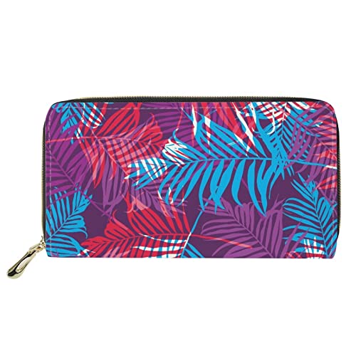 FJQWKLF Tropisches Palmenblatt-Muster, RFID-blockierende PU-Leder-Clutch, Lange Geldbörse für Damen, tragbares Kreditkartenetui von FJQWKLF