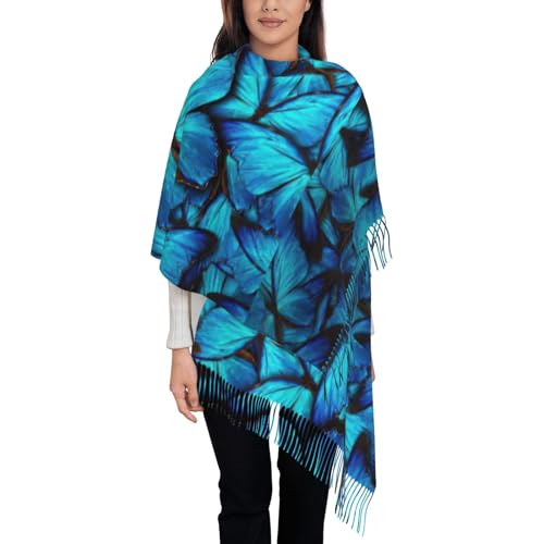 FJQWKLF Viele blaue Schmetterlinge Damenschals, klassische Pashmina-Schals und Tücher mit Quaste, weicher, warmer Schal für Herbst und Winter von FJQWKLF