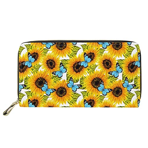 FJQWKLF Vintage Damen Geldbörse Sonnenblume und Blauer Schmetterling Leder Geldbörse Damen Geldbörse mit Autoschlitzen Geldscheinklammern Mädchen Lange Geldbörse Kartenhalter von FJQWKLF