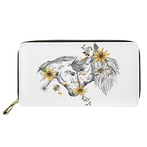 FJQWKLF Weißes Pferd, Blumen-Design, RFID-blockierender Reißverschluss, Retro-Kreditkarten-Clutch, Shopping-Reise-Geldbörse für Mädchen und Damen von FJQWKLF