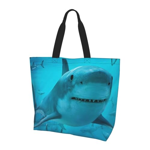 FJQWKLF Wiederverwendbare Einkaufstasche, Cartoon-Hai-Tragetasche, Umhängetasche mit großer Kapazität, geeignet für Erwachsene und Teenager von FJQWKLF