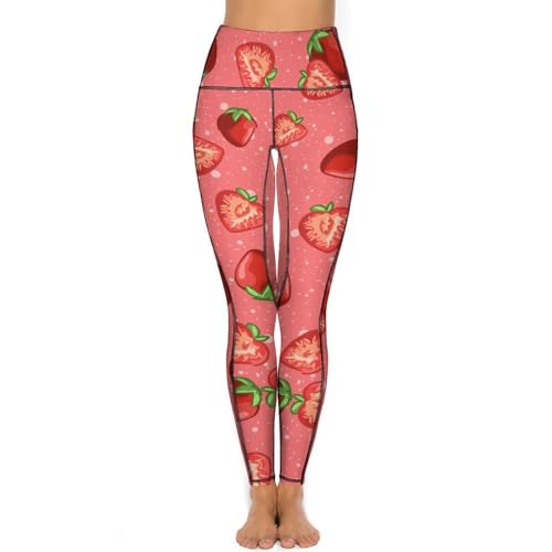 FJQWKLF Yogahose mit Erdbeer-Fruchtmuster und Taschen, Yogahose mit hoher Taille, Workout-Leggings, Gym-Leggings für Damen von FJQWKLF