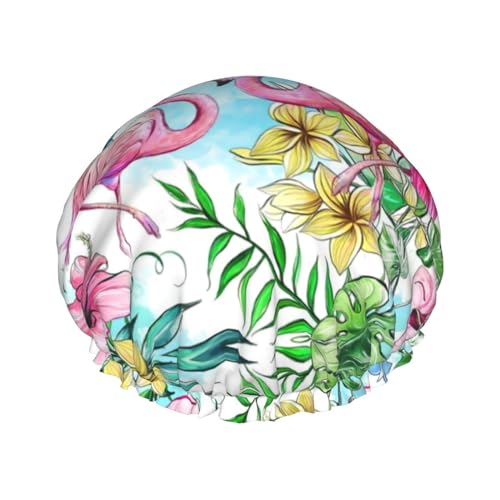 Lustige Duschhaube für Frauen mit Flamingo-Blumen-Aufdruck | Neuartige Haarhaube zum Baden | Badehaube | Doppellagig von FJQWKLF