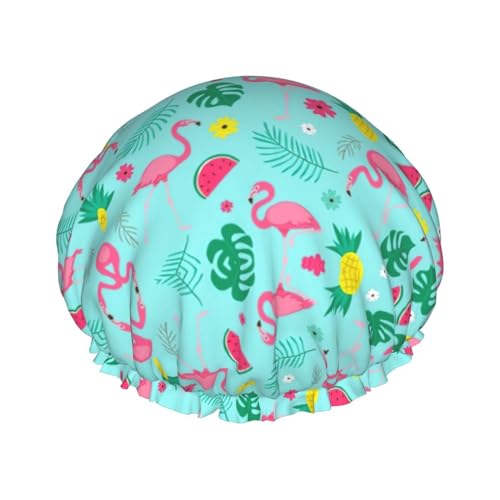 Lustige Duschhaube für Frauen mit Flamingo-Eiscreme- und Fruchtaufdruck | Neuartige Haarhaube zum Baden | Badehaube | Doppellagig von FJQWKLF