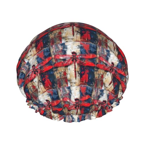 Lustige Duschhaube für Frauen mit abstraktem rotem Libellen-Print | Neuartige Haarhaube zum Baden | Badehaube | Doppellagig von FJQWKLF