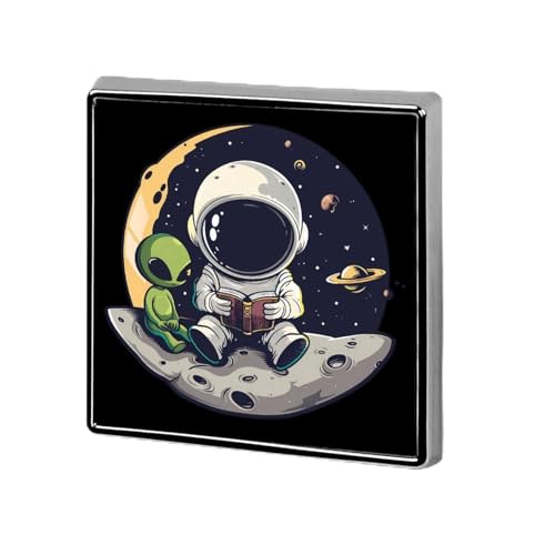 Lustiger Alien & Astronaut liest Buch, quadratisches Abzeichen, Metall-Anstecknadeln, Broschen zur Dekoration der Kleidung von FJQWKLF