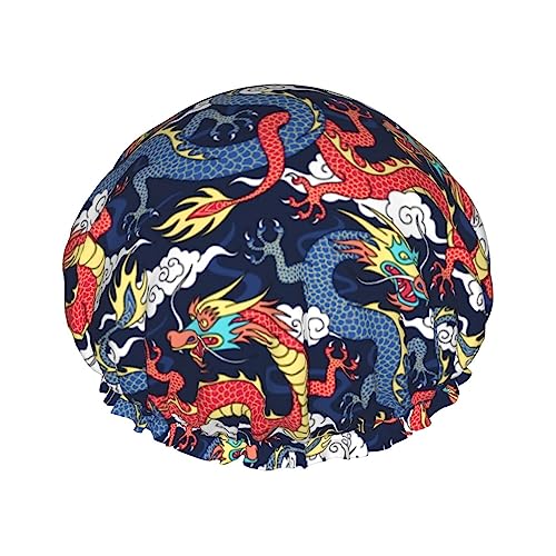 Luxuriöse Duschhaube für Damen, coole japanische Drachen, wasserfest, wiederverwendbar, doppelt, für langes Haar, verstellbar für die meisten Kopfgrößen von FJQWKLF