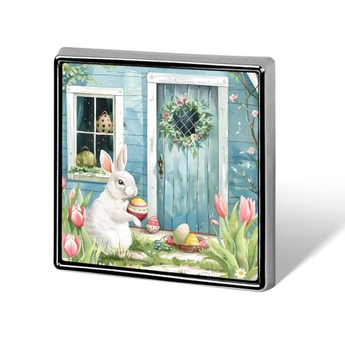 Ostern Willkommen Kaninchen Ei Frühling Blumendruck Quadratisch Abzeichen Brosche Anstecknadeln Button Anstecknadel Revers Krawatte Dekoration für Männer Frauen Rucksack von FJQWKLF