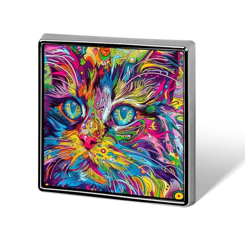 Quadratischer Anstecker mit Aufdruck „Eine psychedelische Katze aus Metall, dekorativer Knopf, Brosche, Anstecknadeln, Taschen, Hüte, Accessoires für Frauen und Männer, Aluminium von FJQWKLF