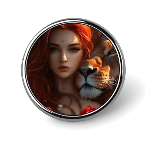 Rote Haare Frau Löwe Rose Runde Brosche Niedliche Anstecknadeln Dekoration Schmuck für Männer Frauen Metall Anstecknadeln von FJQWKLF