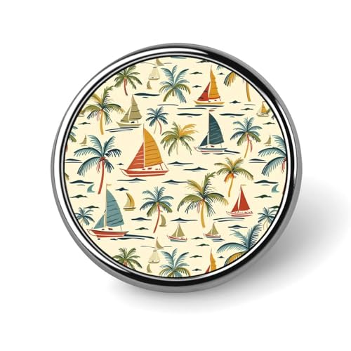 Runde Brosche mit Kokosnussbaum-Segelboot, niedliche Anstecknadeln, Dekoration, Schmuck für Männer und Frauen, Anstecknadeln aus Metall von FJQWKLF