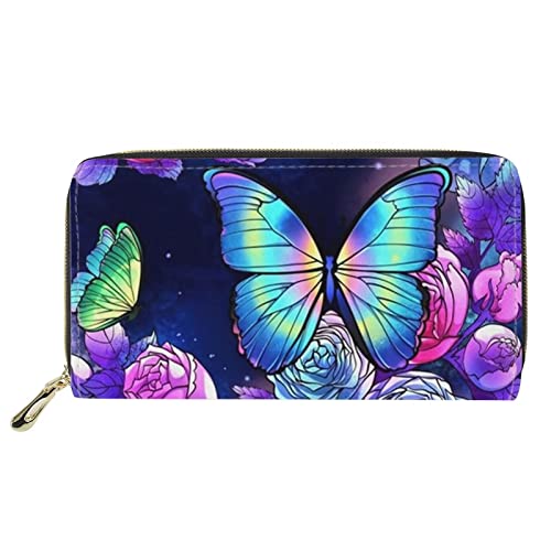 Schmetterlings-Rose-Reißverschluss-Geldbörsen für Frauen Mädchen Leder-Clutch-Geldbörse Große Kapazitäts-Geldbörsen-Organizer Münzfach Geldscheinklammern Packsack Kartenhalter Lila Geldbörsen Handytas von FJQWKLF