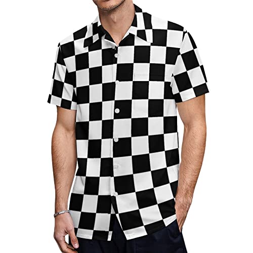 Schwarz-weiß Kariertes Muster Herren-Hawaii-Kurzarmhemden Lässiges Button-Down-lustiges Party-Strandhemd von FJQWKLF