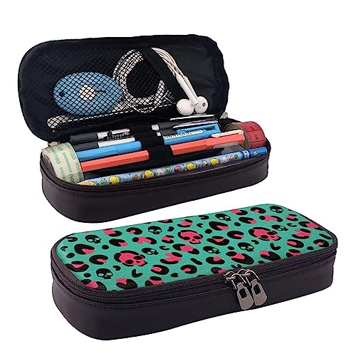 Stift- und Bleistiftbeutel mit Reißverschluss, Make-up-Beutel, Kosmetik-Federmäppchen, Mehrzweck-Reise-Schreibwarentasche, Büro-Organizer-Box, kompatibel mit türkis-rosa Leopardenmuster-Schädel von FJQWKLF