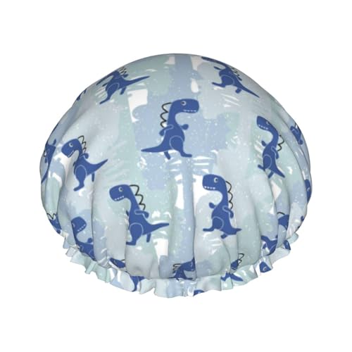 Wiederverwendbare Duschhaube für Damen, Cartoon-Dinosaurier, Badehaube, doppellagig, wasserdicht, Dusch-Haarschutz, verstellbares Gummiband, Duschhut für Home-Spa-Salon, Badehauben von FJQWKLF