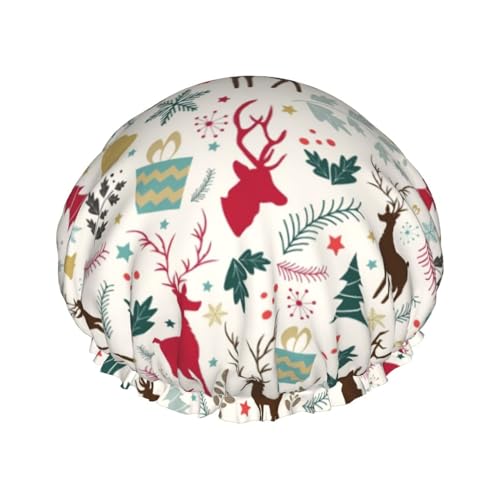 Wiederverwendbare Duschhaube für Damen, Weihnachts-Hirsch-Badehaube, doppellagig, wasserdicht, Dusch-Haarschutz, verstellbares Gummiband, Duschhut für Home-Spa-Salon, Badehauben von FJQWKLF