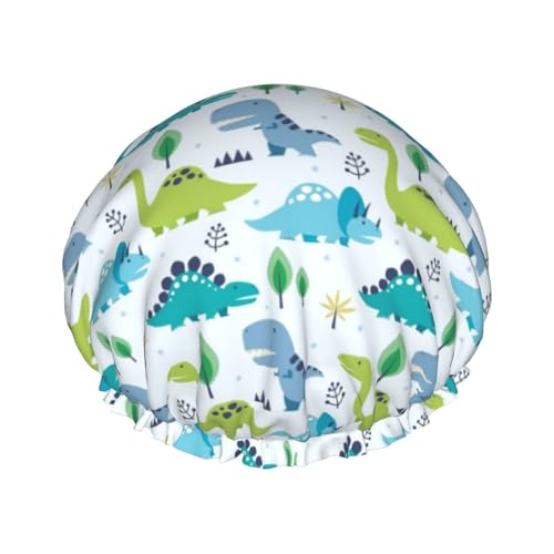 Wiederverwendbare Duschhaube für Damen, süße, lustige Dinosaurier-Badehaube, doppellagig, wasserdicht, Dusch-Haarschutz, verstellbares Gummiband, Duschhut für Zuhause, Spa-Salon, Badehauben von FJQWKLF