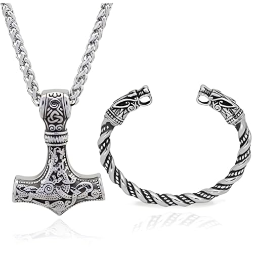 FJTNSQXSZ 2 Stück Wikinger Thorshammer Anhänger Halskette Set für Männer und Frauen mit 60 cm Silber Stahl Dragonbone Kette für Männer, Rune Amulett Schmuck, Wikinger Männer Geschenk, 60cm/23inch FJTNSQXSZ 2 Stück Wikinger Thorshammer Anhänger Halskette Set für Männer und Frauen mit 60 cm Silber Stahl Dragonbone Kette für Männer, Rune Amulett Schmuck, Wikinger Männer Geschenk, 60cm/23inch von FJTNSQXSZ