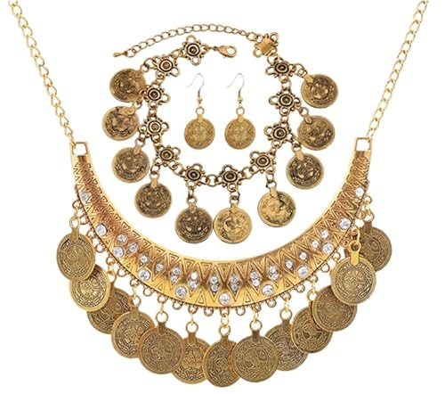 FJTNSQXSZ Indische Halskette, Armband, Ohrringe, Modeschmuck, Kastanienkette, Abschlussball, Hochzeit, Tiara, für Damen und Mädchen, 4 Stück FJTNSQXSZ Indische Halskette, Armband, Ohrringe, Modeschmuck, Kastanienkette, Abschlussball, Hochzeit, Tiara, für Damen und Mädchen, 4 Stück von FJTNSQXSZ