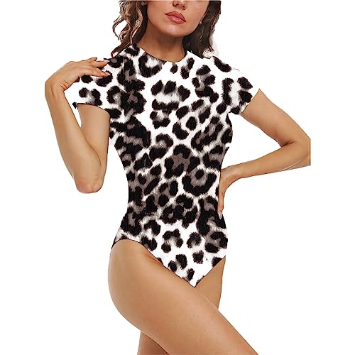 FJUN Frauen Rundhalsausschnitt Kurzarm Leopard Print Bodysuits Slim Fit Body Anzug Jumpsuit T Shirts Thong Basic für Frauen (Schwarz, XL) von FJUN