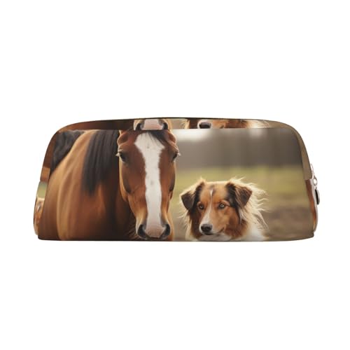 FJWSLCH Collie Make-up-Tasche mit Hund und Pferd zusammen, Reise-Kosmetiktasche für Damen und Herren, Federmäppchen, Reißverschluss, Kulturbeutel, Geldbörse, Gold, Einheitsgröße von FJWSLCH