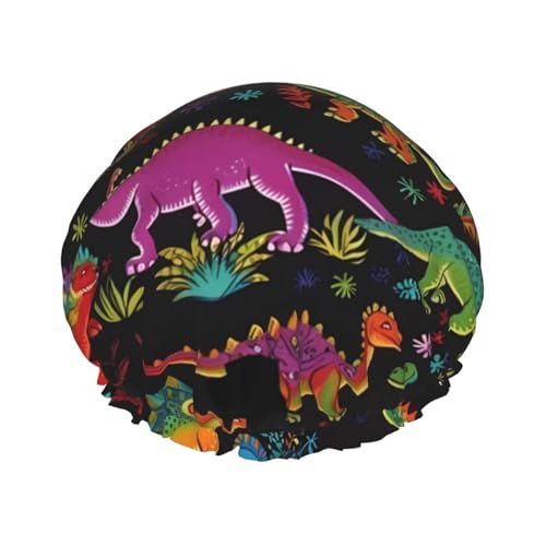 Wiederverwendbare Duschhaube für Damen und Herren, groß, wasserdicht, Duschhaube, waschbar, Badekappe, Cartoon-Dinosaurier-Haarmut, elastisches Band, doppellagiger Duschhut für langes Haar, Zöpfe von FJWSLCH