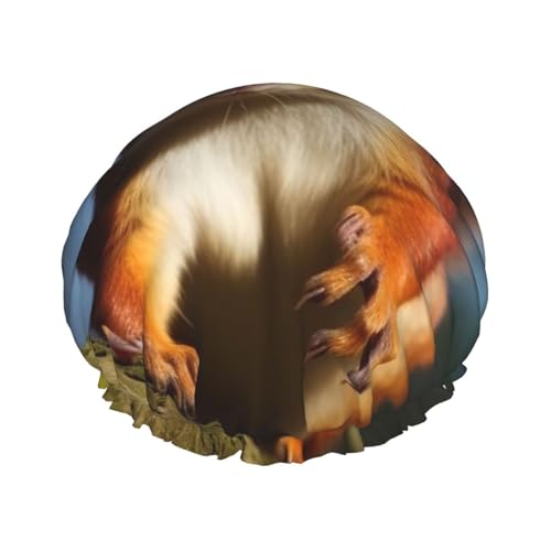 Wiederverwendbare Duschhaube für Damen und Herren, groß, wasserdicht, Duschhaube, waschbar, Badekappe, Eichhörnchen, lustiger Tierhaar-Hut, elastisches Band, doppellagiger Duschhut für langes Haar, von FJWSLCH