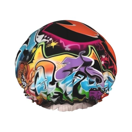 Wiederverwendbare Duschhaube für Damen und Herren, groß, wasserdicht, Duschhaube, waschbar, Badekappe, Graffiti, Hip-Hop-Haarmütze, elastisches Band, doppellagiger Duschhut für langes Haar, Zöpfe von FJWSLCH