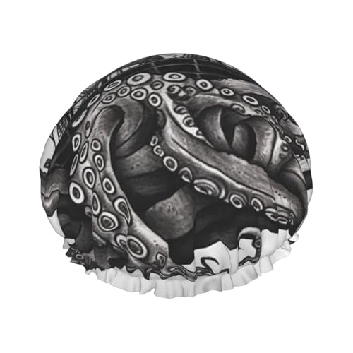 Wiederverwendbare Duschhaube für Damen und Herren, groß, wasserdicht, Duschhaube, waschbar, Badekappe, schwarz-weiß, Oktopus und Schiffshaarhut, elastisches Band, doppellagiger Duschhut für langes Wiederverwendbare Duschhaube für Damen und Herren, groß, wasserdicht, Duschhaube, waschbar, Badekappe, schwarz-weiß, Oktopus und Schiffshaarhut, elastisches Band, doppellagiger Duschhut für langes von FJWSLCH