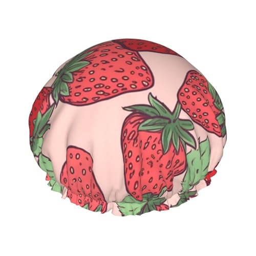 Wiederverwendbare Duschhaube für Damen und Herren, groß, wasserdicht, waschbar, Badekappe, Erdbeermuster, Haarmütze, elastisches Band, doppellagiger Duschhut für langes Haar, Zöpfe von FJWSLCH