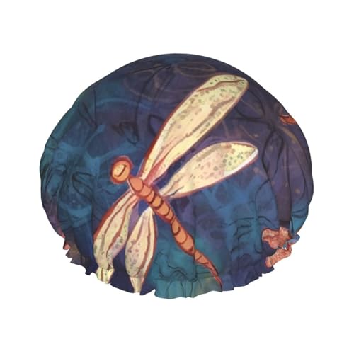 Wiederverwendbare Duschhaube für Damen und Herren, groß, wasserdicht, waschbar, Badekappe, handbemalt, Libellen-Haarmut, elastisches Band, doppellagiger Duschhut für langes Haar, Zöpfe von FJWSLCH