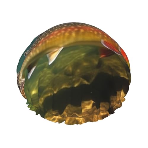 Wiederverwendbare Duschhaube für Damen und Herren, große wasserdichte Duschhaube, waschbar, Badekappe, Bachforelle, Fliegenfischen, Haarhut, elastisches Band, doppellagiger Duschhut für langes Haar, von FJWSLCH