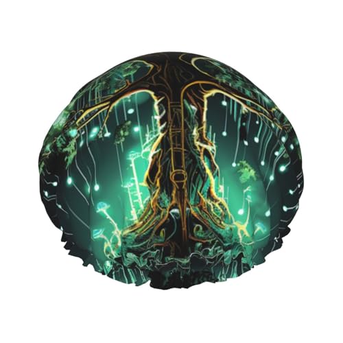 Wiederverwendbare Duschhaube für Damen und Herren, große wasserdichte Duschhaube, waschbar, Badekappe, magischer grüner Baumhaar, elastisches Band, doppellagiger Duschhut für langes Haar, Zöpfe von FJWSLCH
