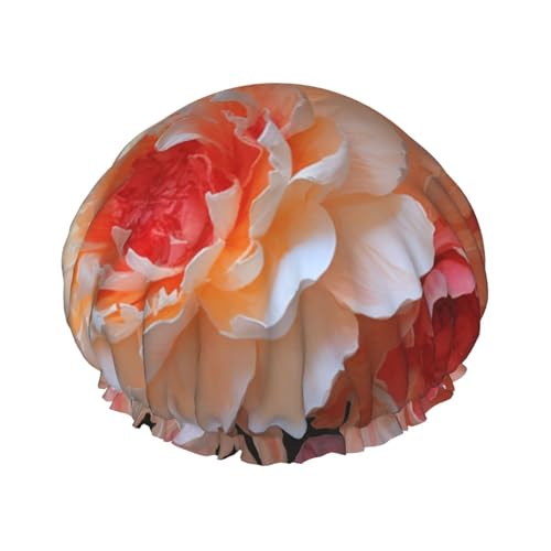 Wiederverwendbare Duschhaube für Damen und Herren, große wasserdichte Duschhaube, waschbar, Badekappe, pfirsichfarben, Pfingstrosen, Haarmütze, elastisches Band, doppellagiger Duschhut für langes von FJWSLCH