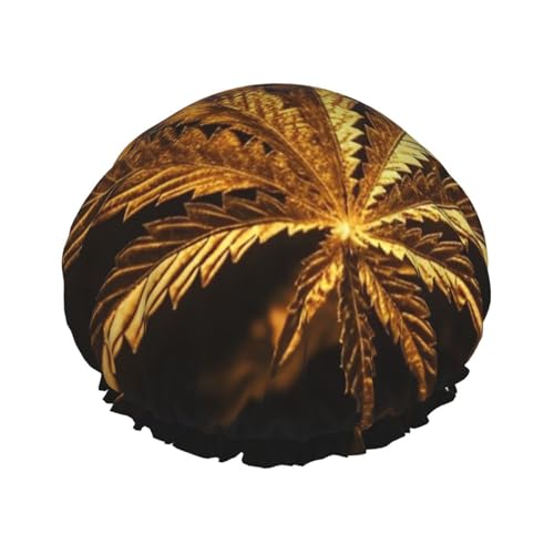 Wiederverwendbare Duschhaube für Damen und Herren, große wasserdichte Duschhaube, waschbare Badekappe, goldener Cannabis-Haarmut, elastisches Band, doppellagiger Duschhut für langes Haar, Zöpfe Wiederverwendbare Duschhaube für Damen und Herren, große wasserdichte Duschhaube, waschbare Badekappe, goldener Cannabis-Haarmut, elastisches Band, doppellagiger Duschhut für langes Haar, Zöpfe von FJWSLCH