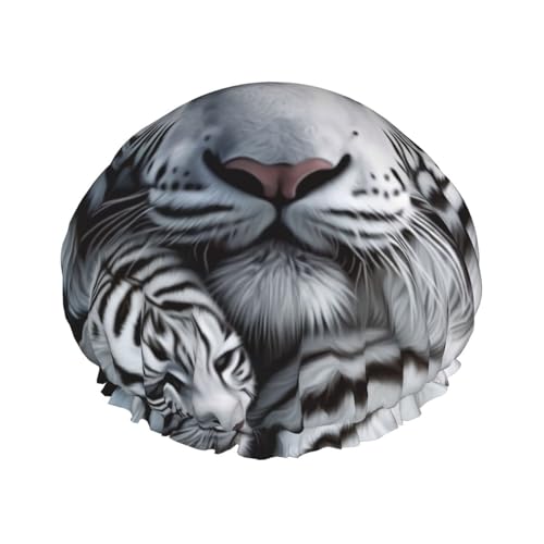 Wiederverwendbare Duschhaube für Damen und Herren, große wasserdichte Duschhaube, waschbare Badekappe, weißer Tigerhaar, elastisches Band, doppellagiger Duschhut für langes Haar, Zöpfe von FJWSLCH