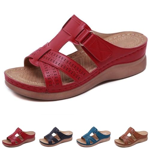 Damen Keilsandalen Sommer Orthopädische Open Toe Vintage Anti-Rutsch Casual Female Plateau Ledersandalen(Red,38 EU) von FJZFXKZL