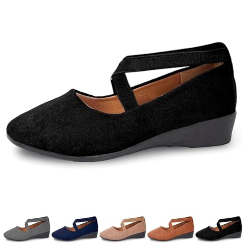 FJZFXKZL Ballerinas for Damen mit überkreuzten Riemen, Bequeme Slipper mit elastischem Keilabsatz und Fußgewölbeunterstützung(Black,37 EU) von FJZFXKZL