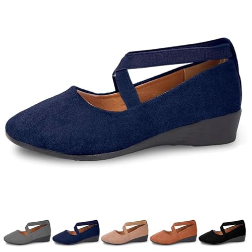 FJZFXKZL Ballerinas for Damen mit überkreuzten Riemen, Bequeme Slipper mit elastischem Keilabsatz und Fußgewölbeunterstützung(Blue,39 EU) von FJZFXKZL