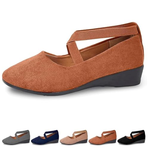 FJZFXKZL Ballerinas for Damen mit überkreuzten Riemen, Bequeme Slipper mit elastischem Keilabsatz und Fußgewölbeunterstützung(Brown,39 EU) von FJZFXKZL