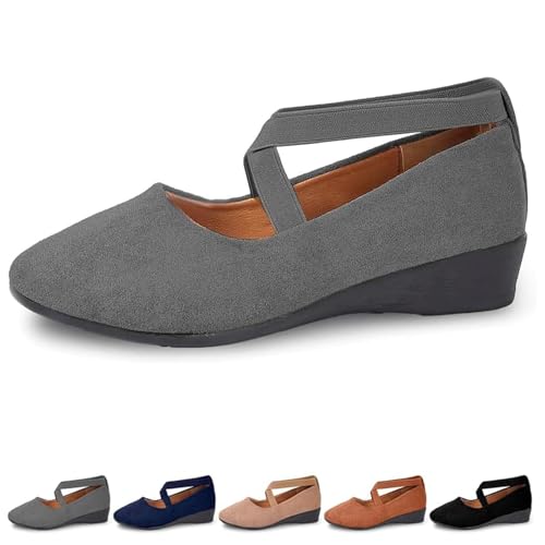 FJZFXKZL Ballerinas for Damen mit überkreuzten Riemen, Bequeme Slipper mit elastischem Keilabsatz und Fußgewölbeunterstützung(Gray,38 EU) von FJZFXKZL
