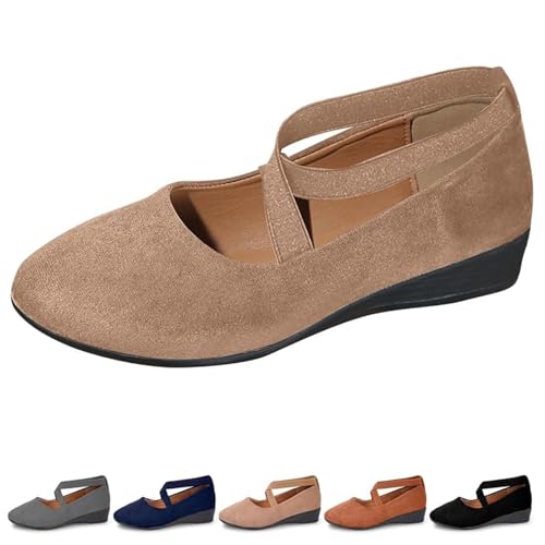 FJZFXKZL Ballerinas for Damen mit überkreuzten Riemen, Bequeme Slipper mit elastischem Keilabsatz und Fußgewölbeunterstützung(Khaki,37 EU) von FJZFXKZL