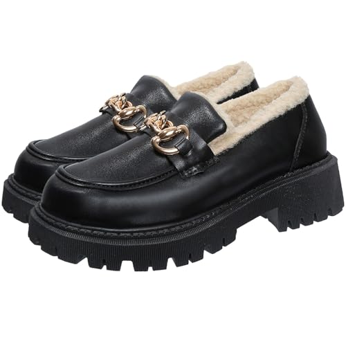 FJZFXKZL Damen-Loafer aus Leder mit Wollfutter und Dicker Sohle, Slip-On-Plateau-Loafer mit klobigem Absatz, warme(Black,42 EU) von FJZFXKZL